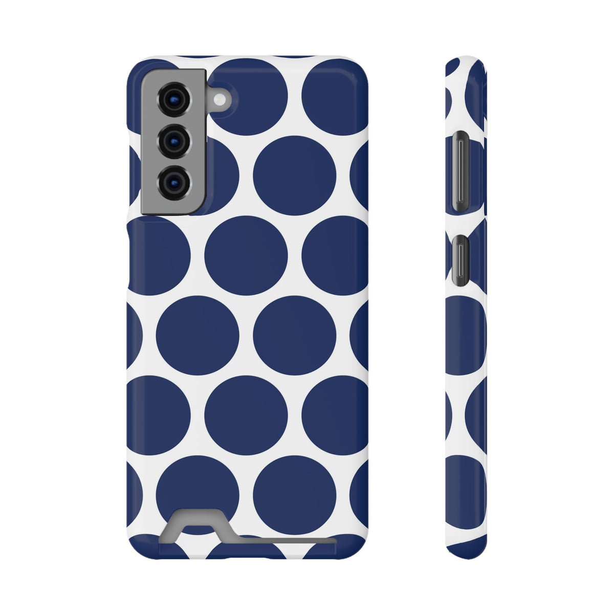 Navy Polka Dot phone case with card holder for Samsung Galaxy S21, glossy finish