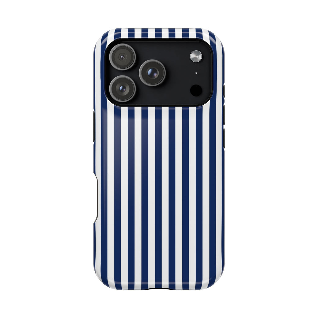 Navy Stripe protective phone case for iPhone 18 Pro, glossy finish