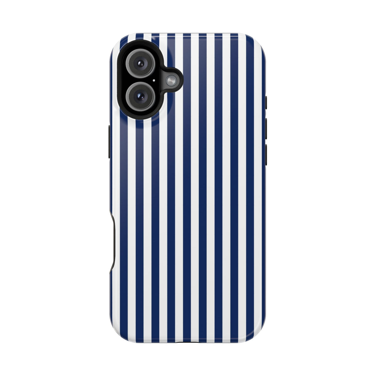 Navy Stripe protective phone case for iPhone 16 Plus, glossy finish