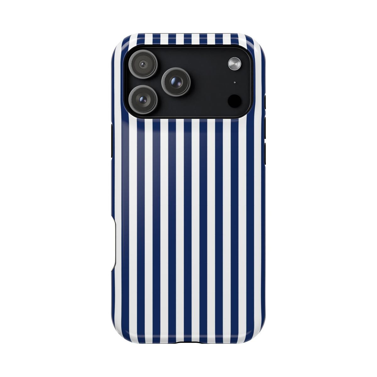 Navy Stripe protective phone case for iPhone 17 Pro Max, glossy finish