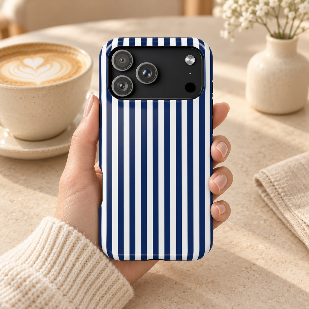 Navy Stripe protective phone case, navy and white stripes, lifestyle photo in hand with coffee