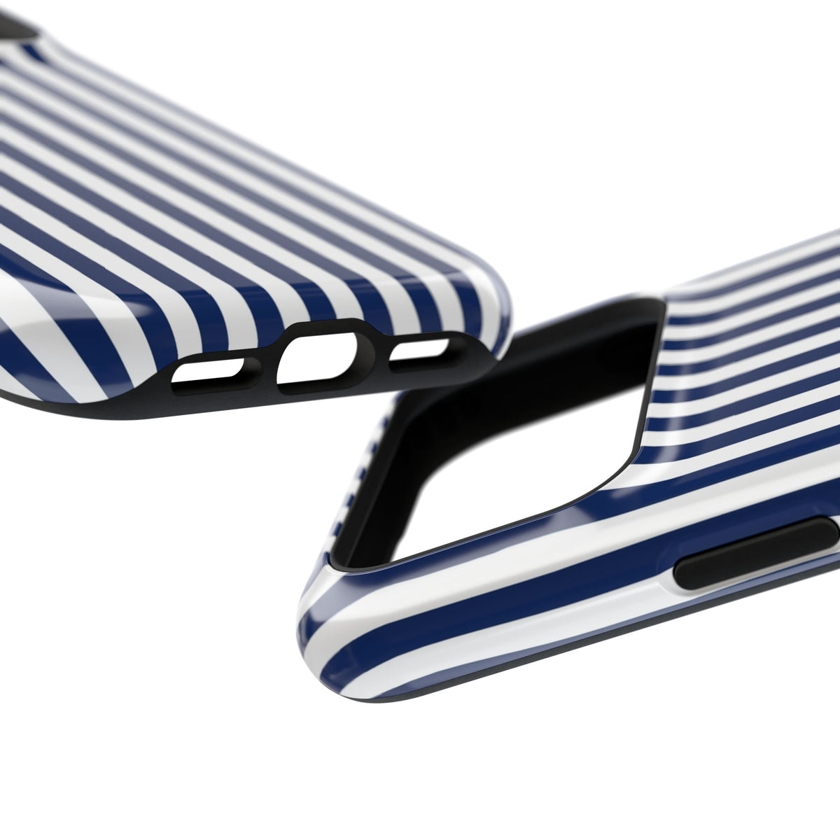 Navy Stripe protective phone case, close-up at an angle