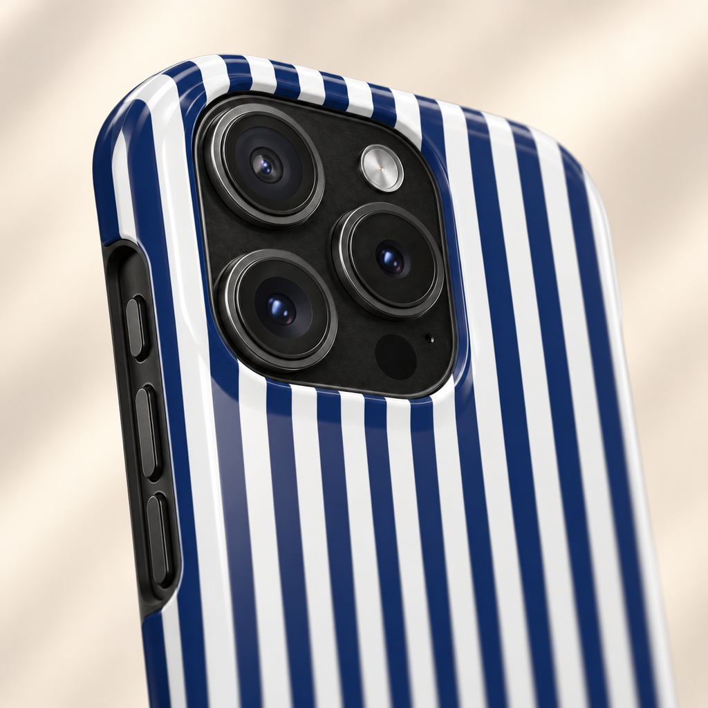 Navy Stripe MagSafe case, navy and white stripes, lifestyle close-up of the camera