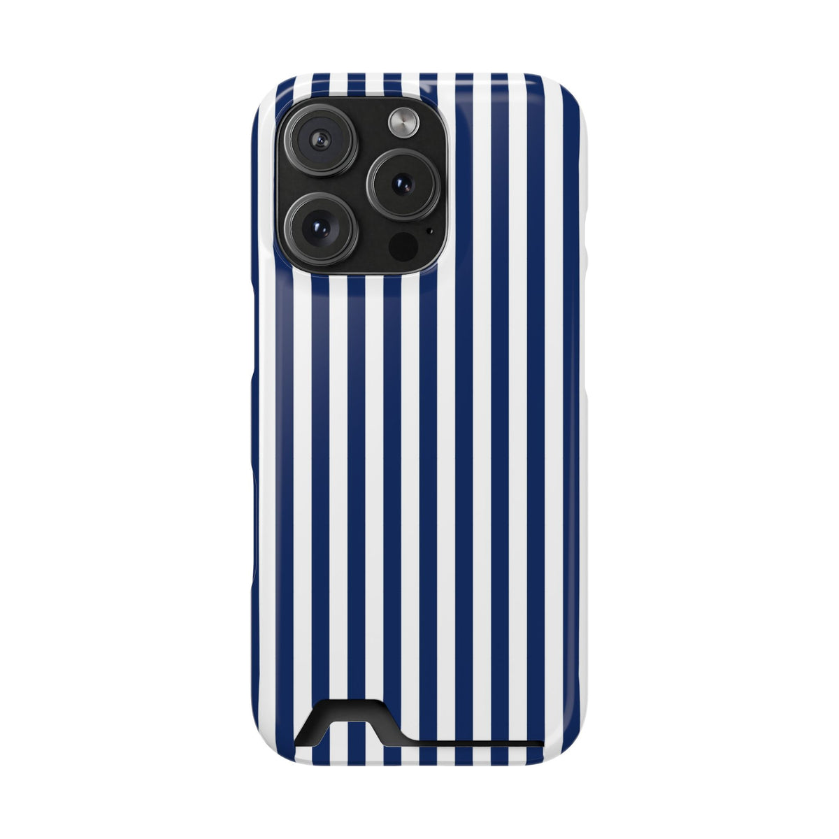Navy Stripe phone case with card holder for iPhone 16 Pro, glossy finish