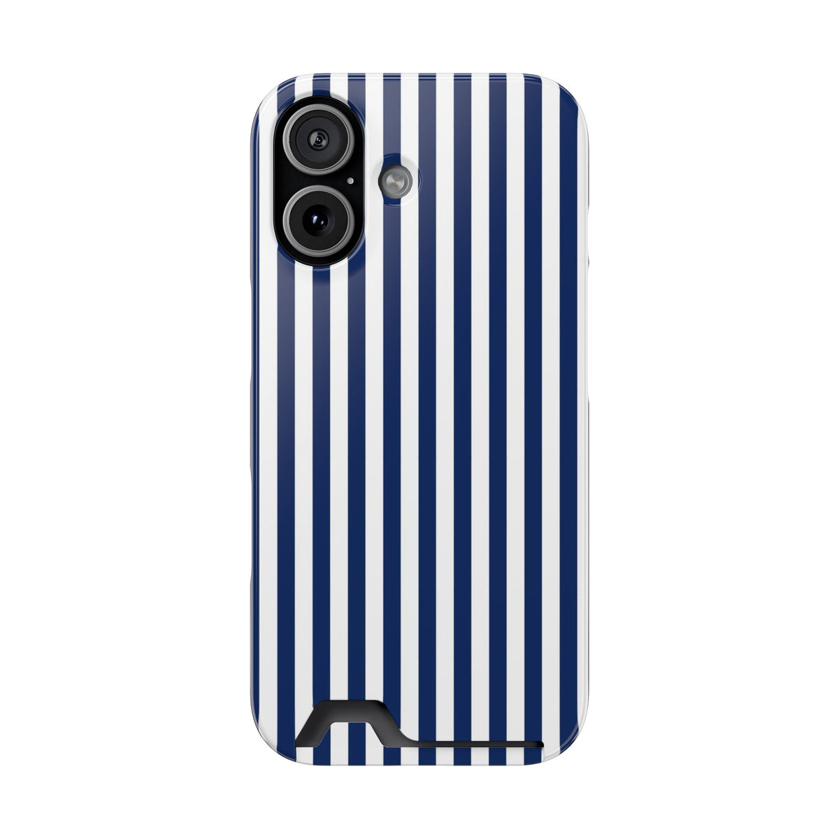 Navy Stripe phone case with card holder for iPhone 17, glossy finish
