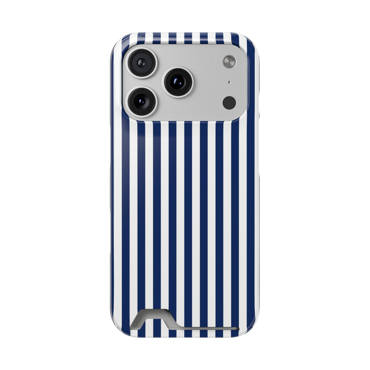 Navy Stripe phone case with card holder for iPhone 17 Pro, glossy finish
