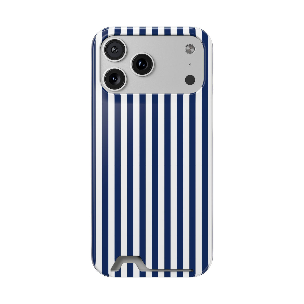 Navy Stripe phone case with card holder for iPhone 17 Pro Max, glossy finish