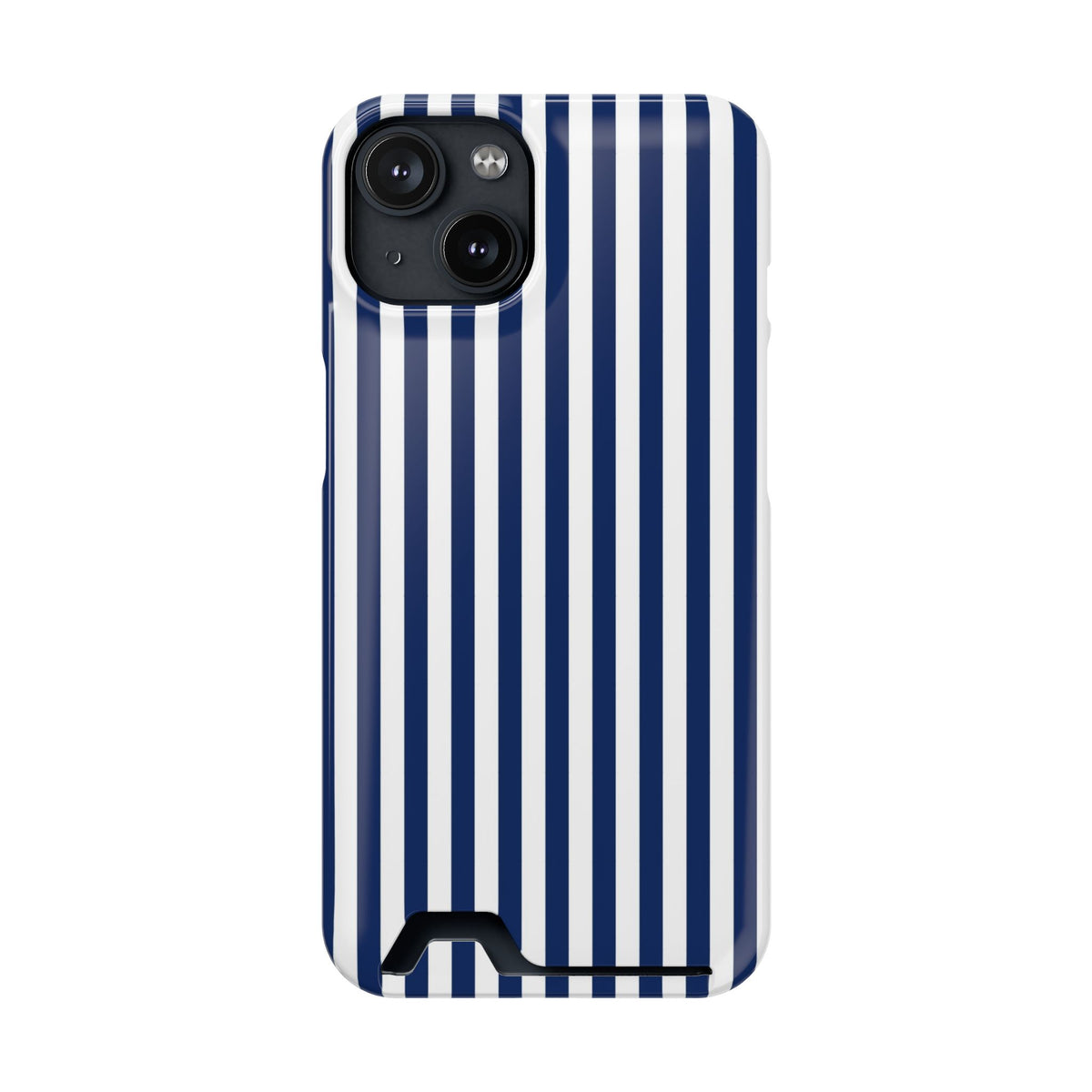Navy Stripe phone case with card holder for iPhone 14, glossy finish