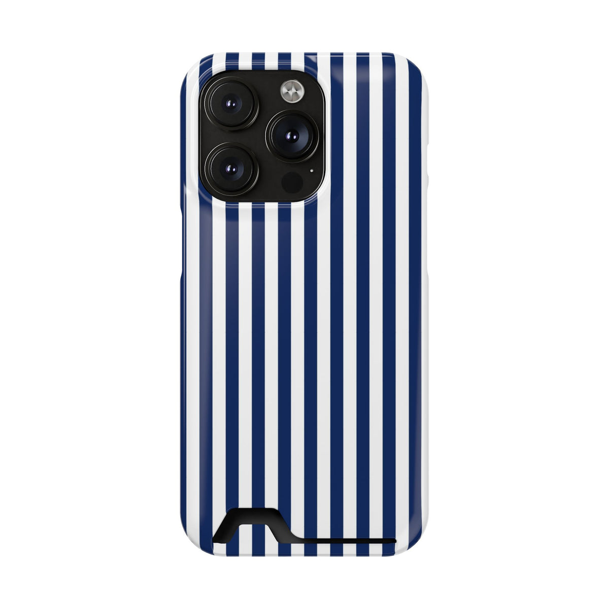 Navy Stripe phone case with card holder for iPhone 14 Pro, glossy finish