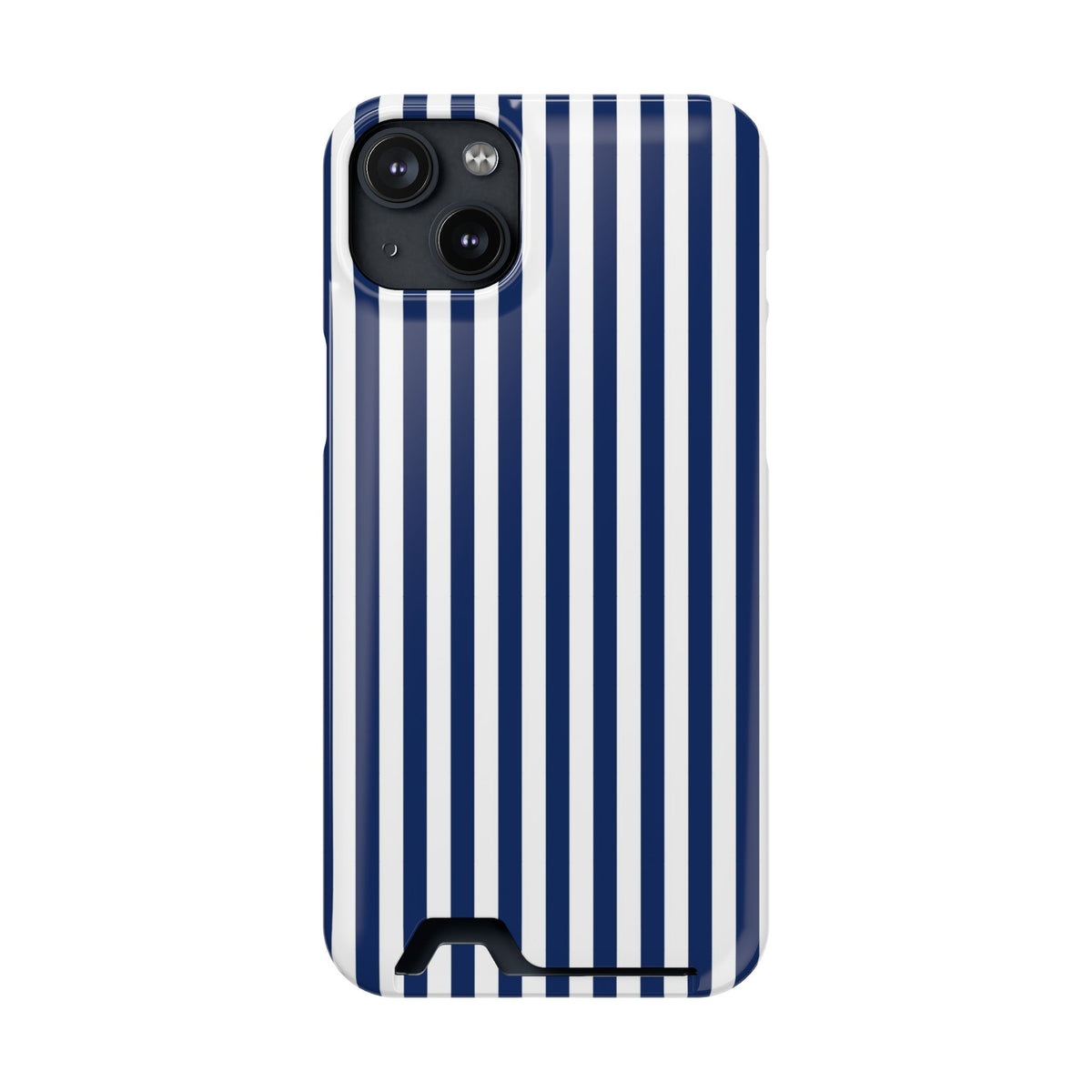 Navy Stripe phone case with card holder for iPhone 14 Plus, glossy finish