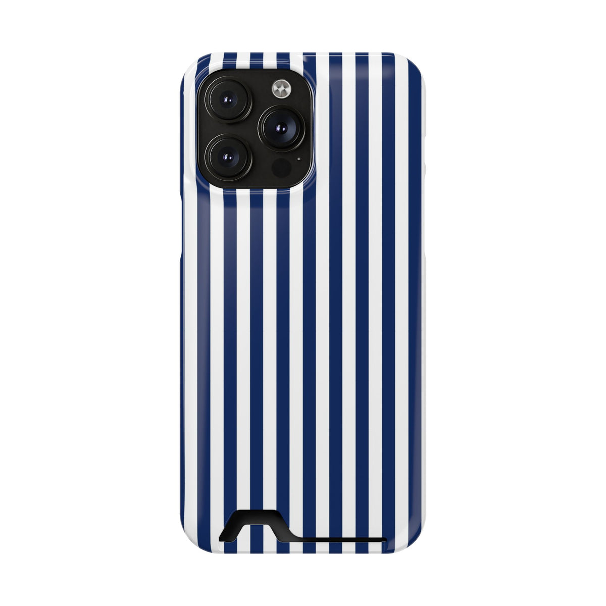 Navy Stripe phone case with card holder for iPhone 14 Pro Max, glossy finish