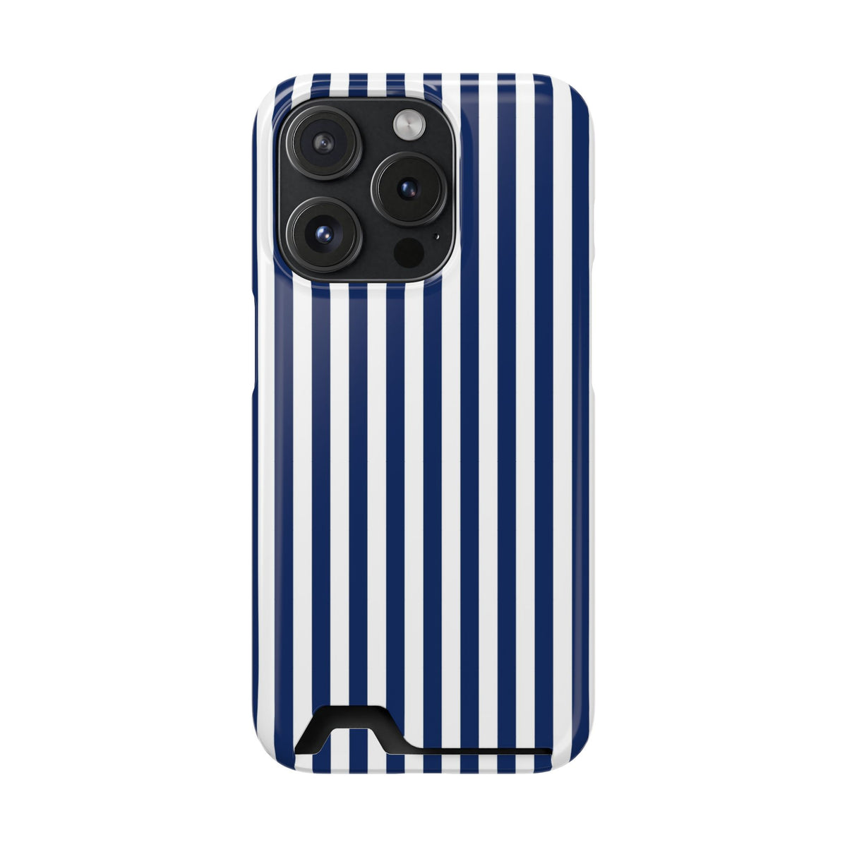 Navy Stripe phone case with card holder for iPhone 15 Pro, glossy finish