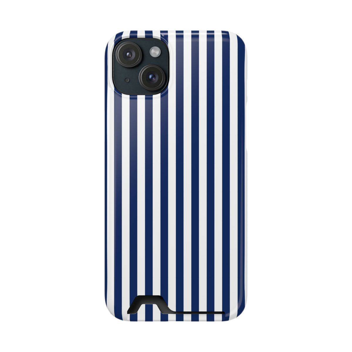 Navy Stripe phone case with card holder for iPhone 15 Plus, glossy finish