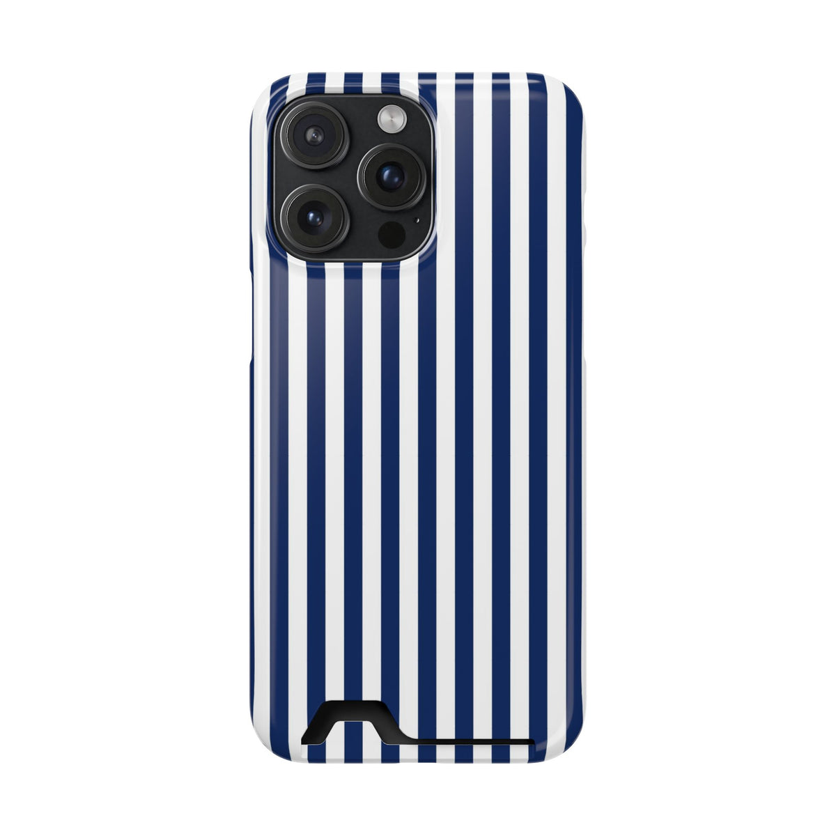 Navy Stripe phone case with card holder for iPhone 15 Pro Max, glossy finish