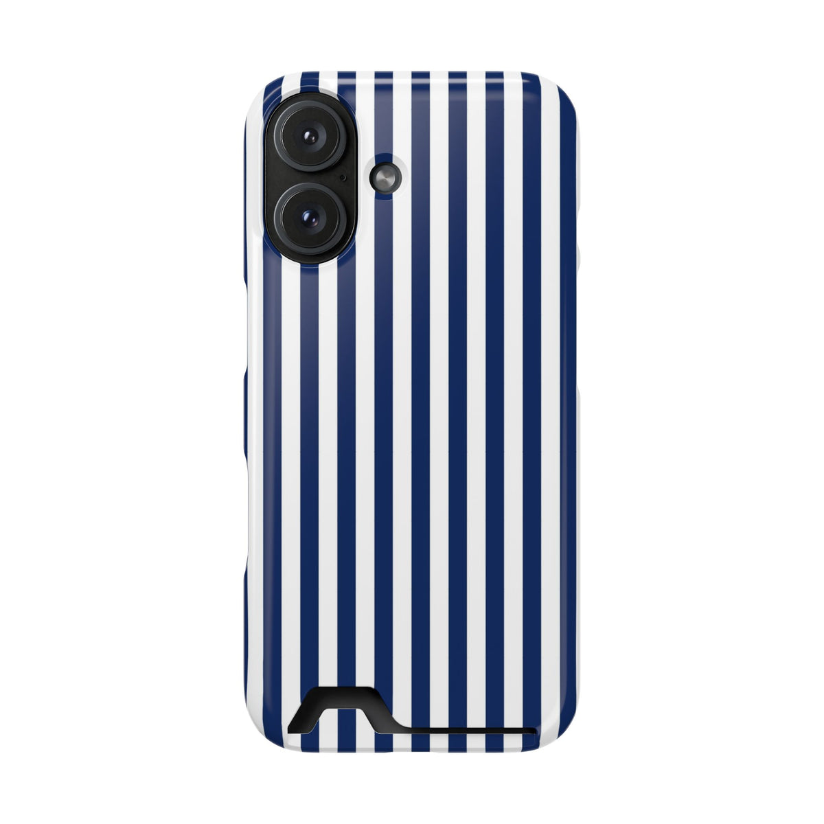 Navy Stripe phone case with card holder for iPhone 16, glossy finish