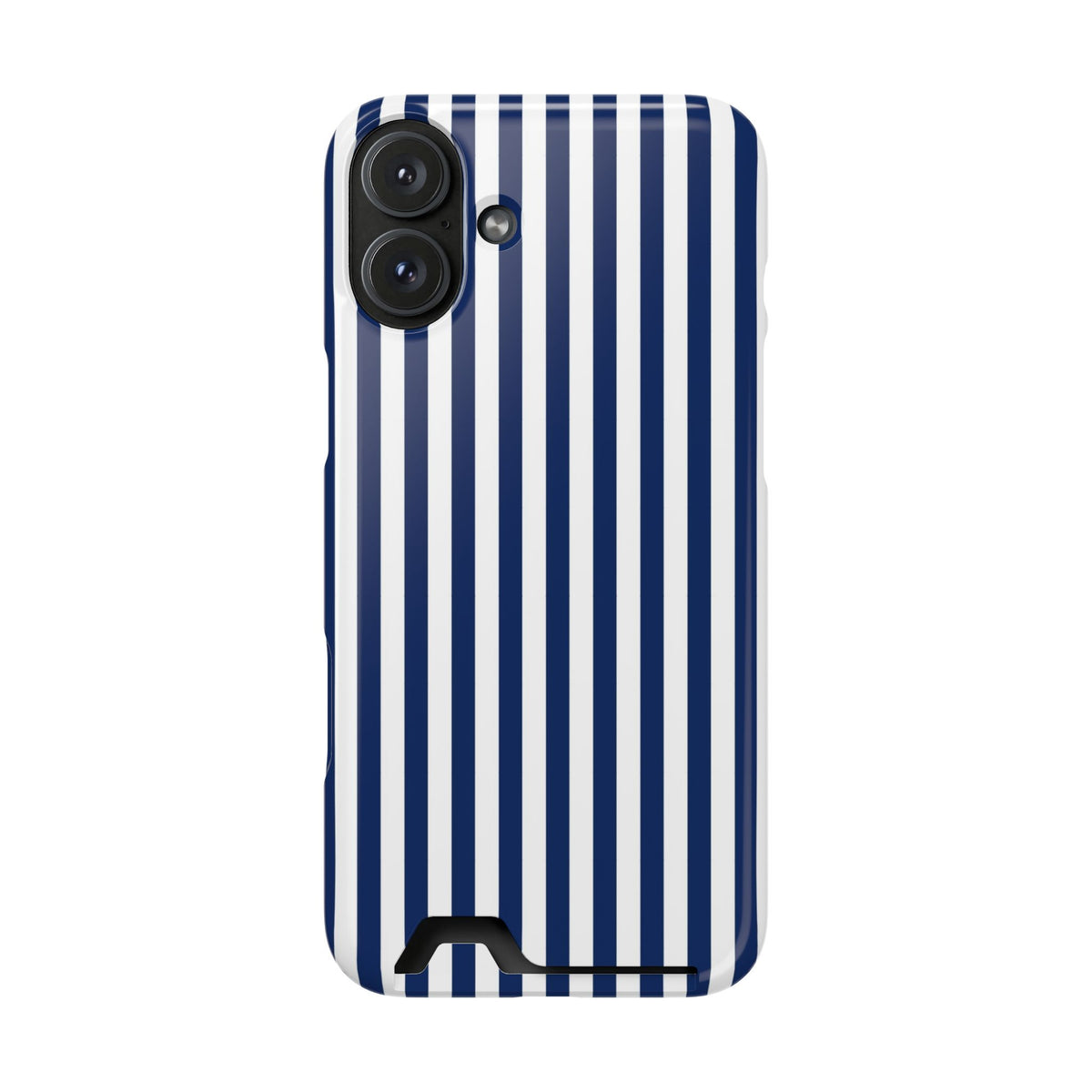 Navy Stripe phone case with card holder for iPhone 16 Plus, glossy finish