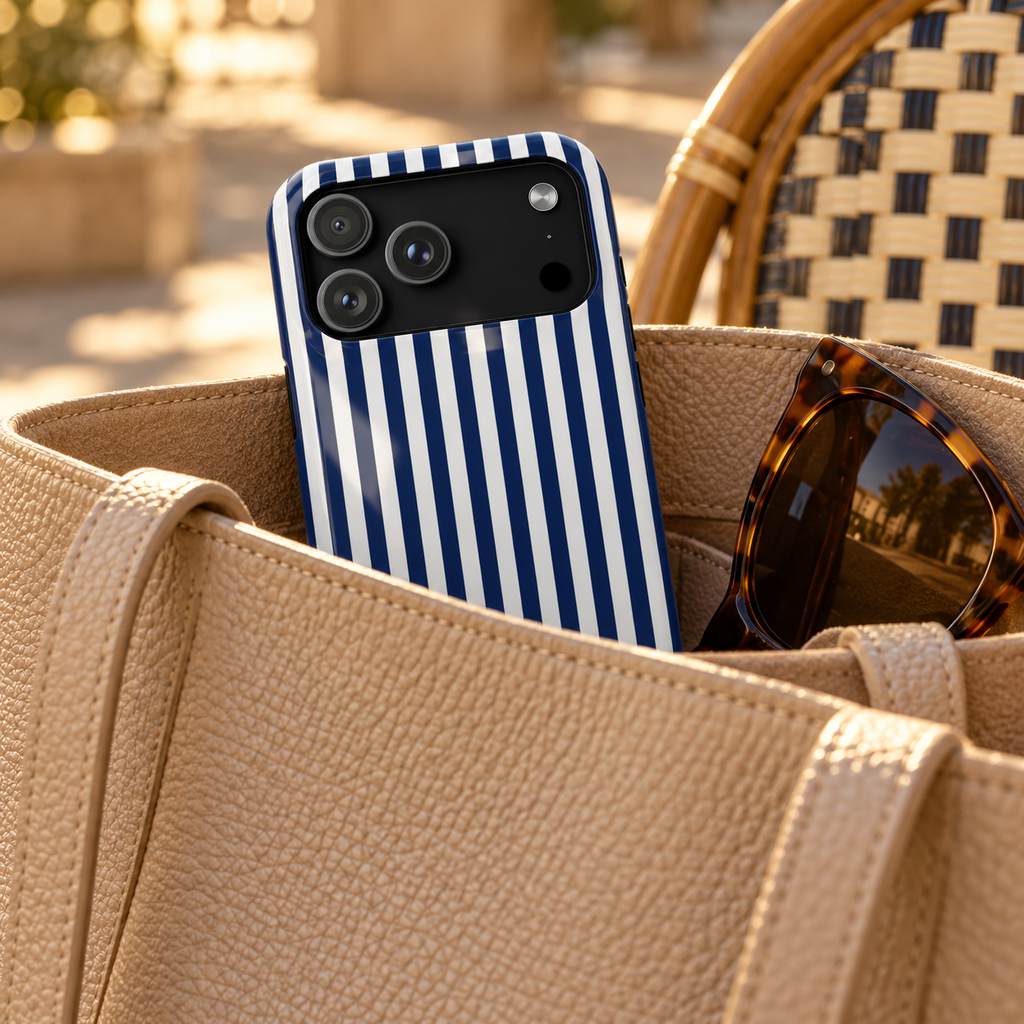Navy Stripe phone case with card holder, navy and white stripes, lifestyle photo in a handbag