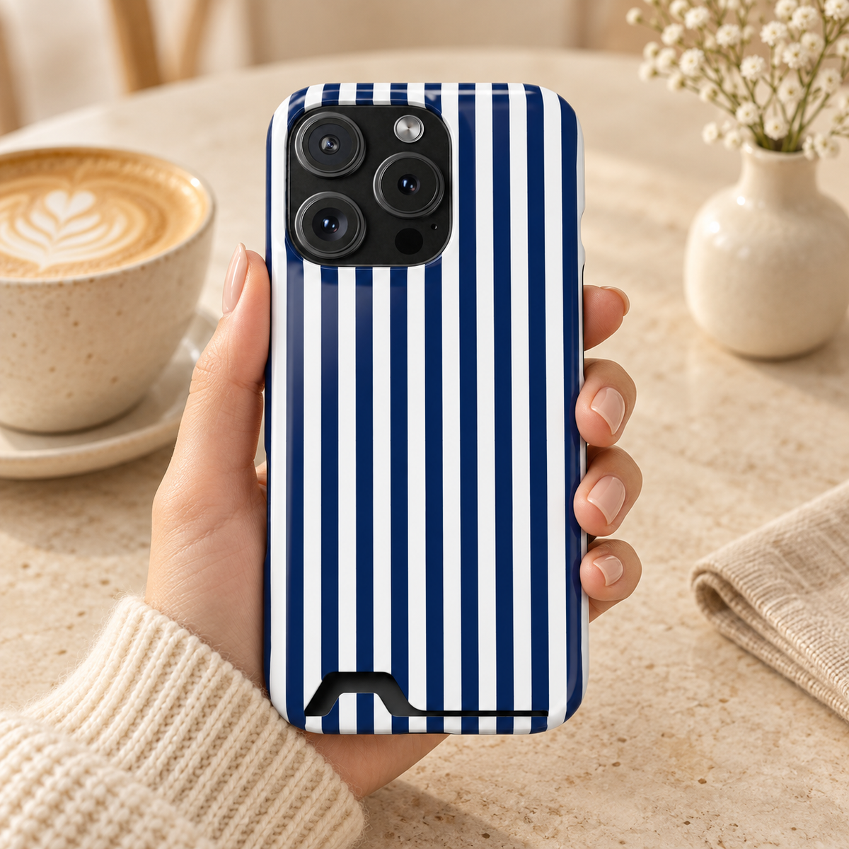 Navy Stripe phone case with card holder, navy and white stripes, lifestyle photo in hand with coffee