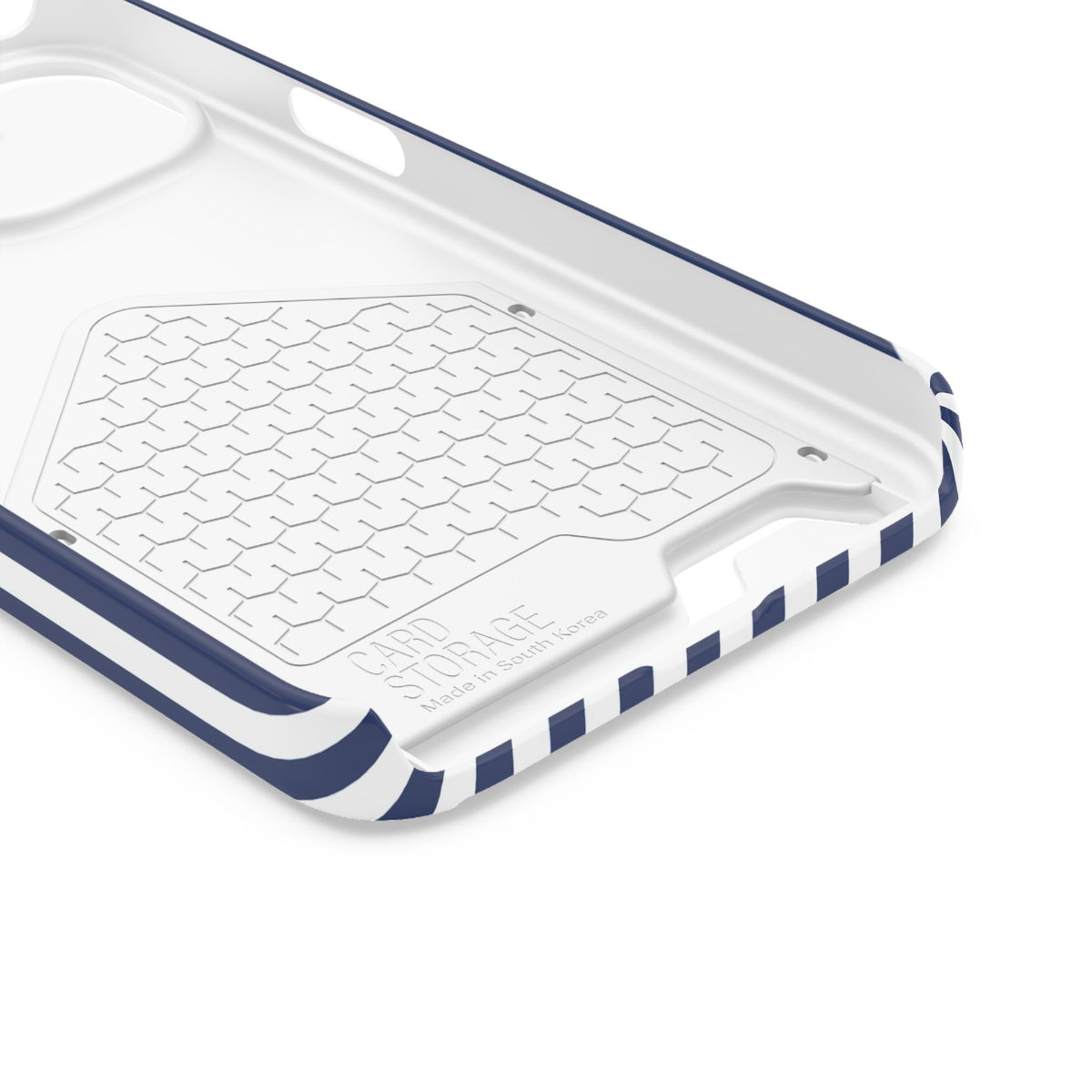 Navy Stripe phone case with card holder for iPhone 13, glossy finish