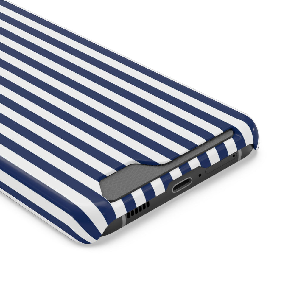 Navy Stripe phone case with card holder, close-up of the card slot