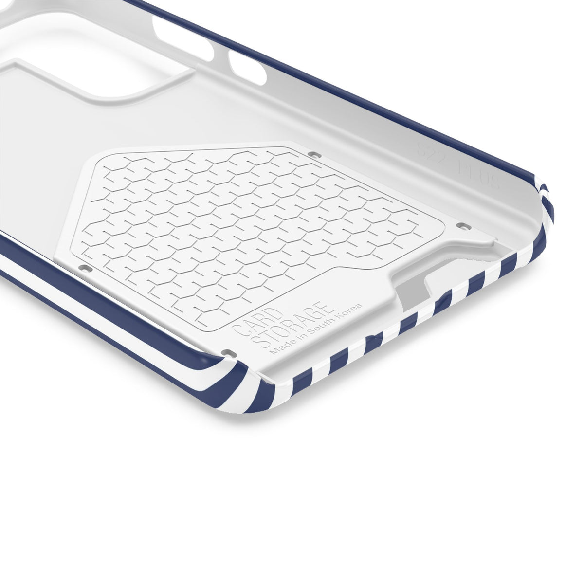 Navy Stripe phone case with card holder, close-up of the inside