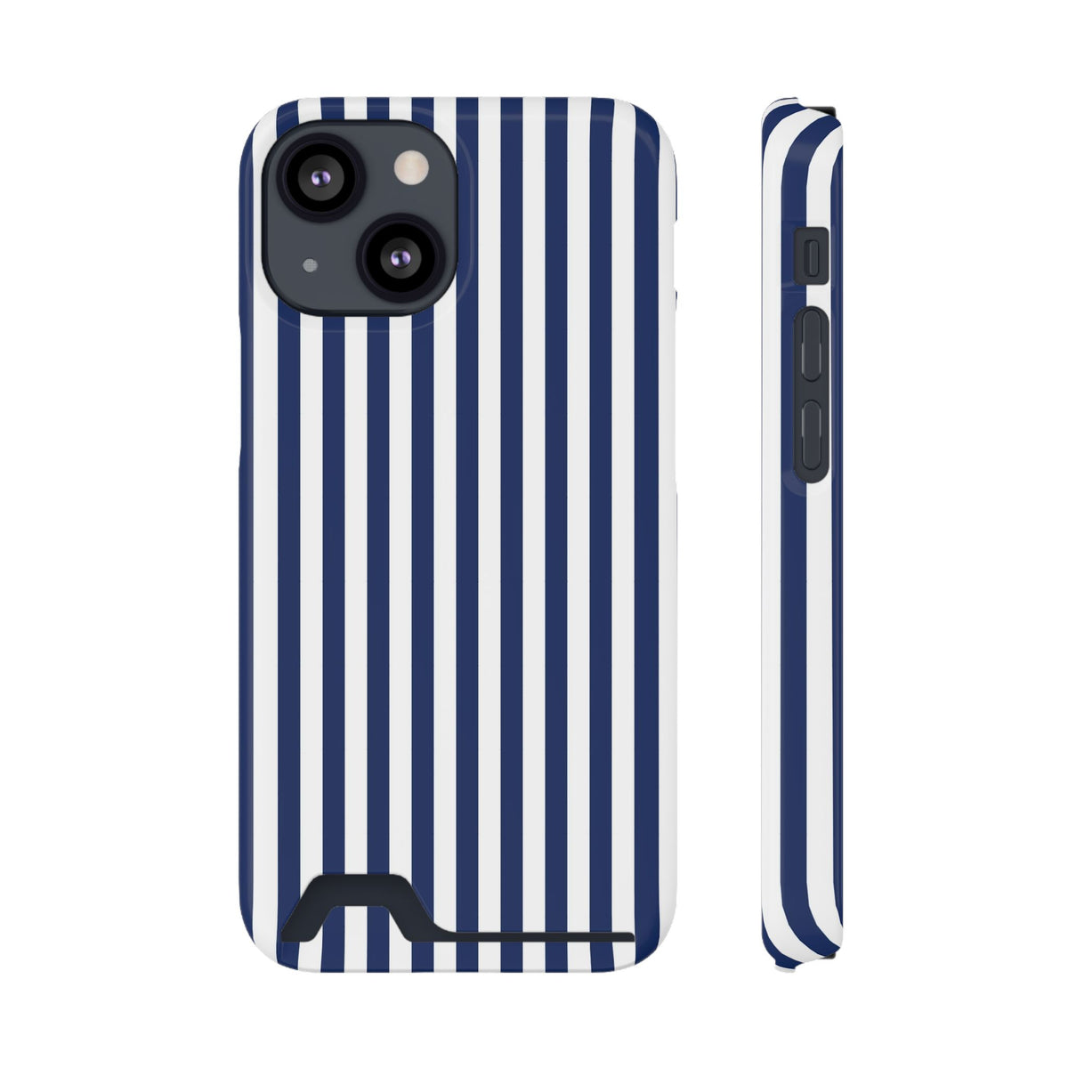 Navy Stripe phone case with card holder for iPhone 13 Mini, glossy finish