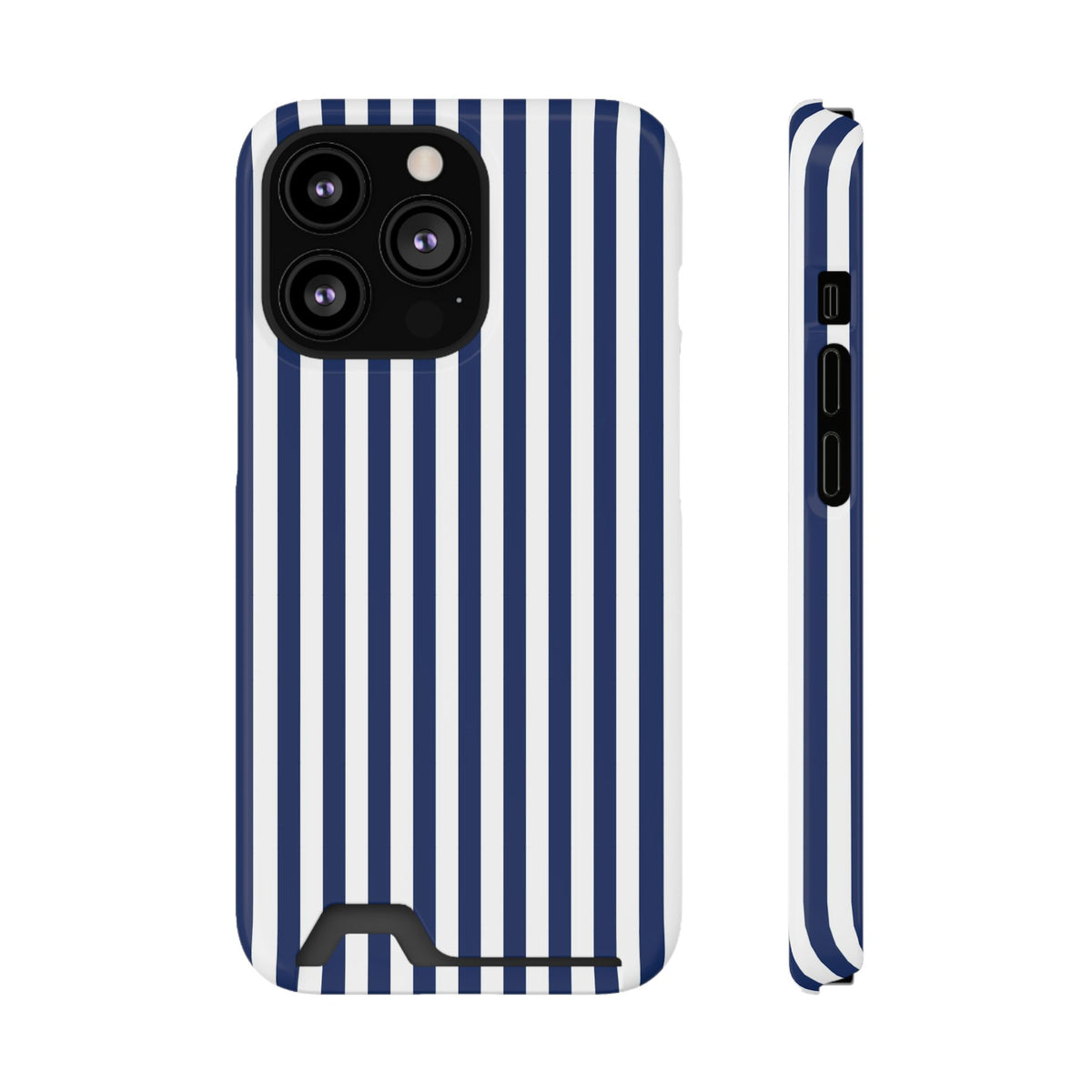 Navy Stripe phone case with card holder for iPhone 13 Pro, glossy finish
