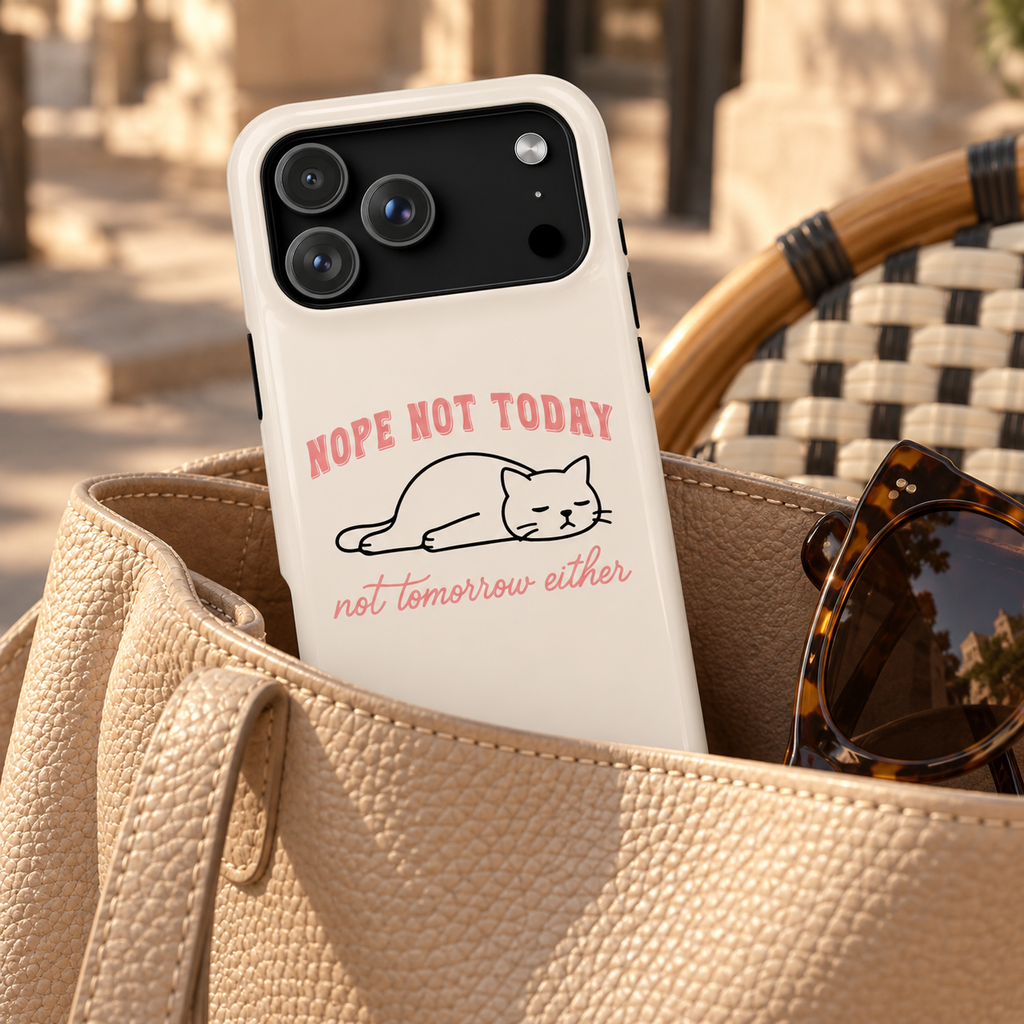 Nope Not Today protective phone case, a lazy cat with Nope Not Today lettering on cream, lifestyle photo in a handbag