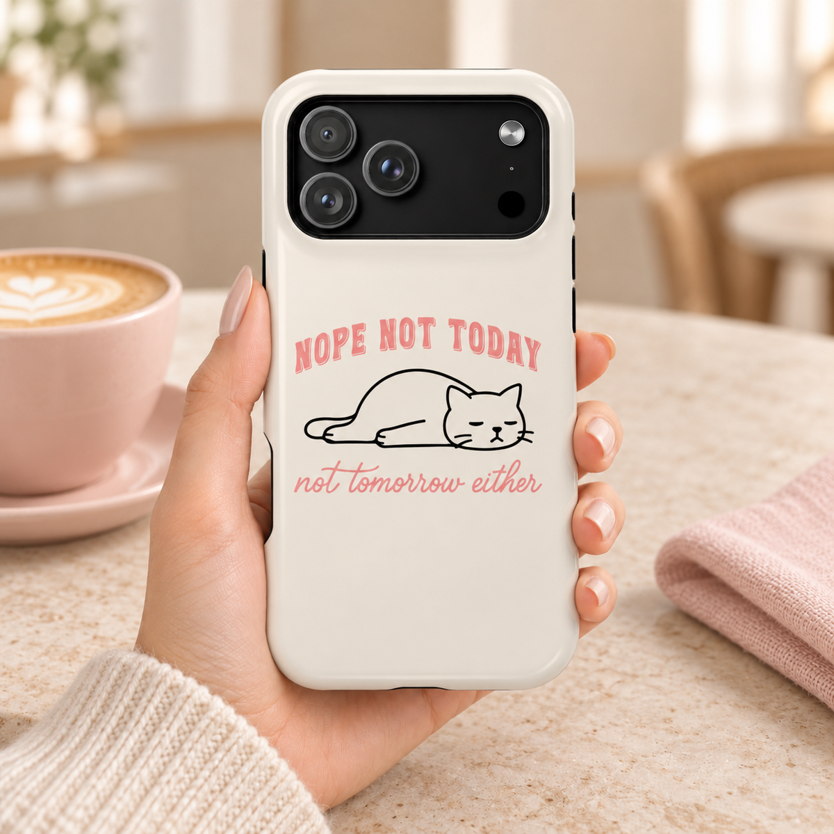 Nope Not Today MagSafe case, a lazy cat with Nope Not Today lettering on cream, lifestyle photo in hand with coffee