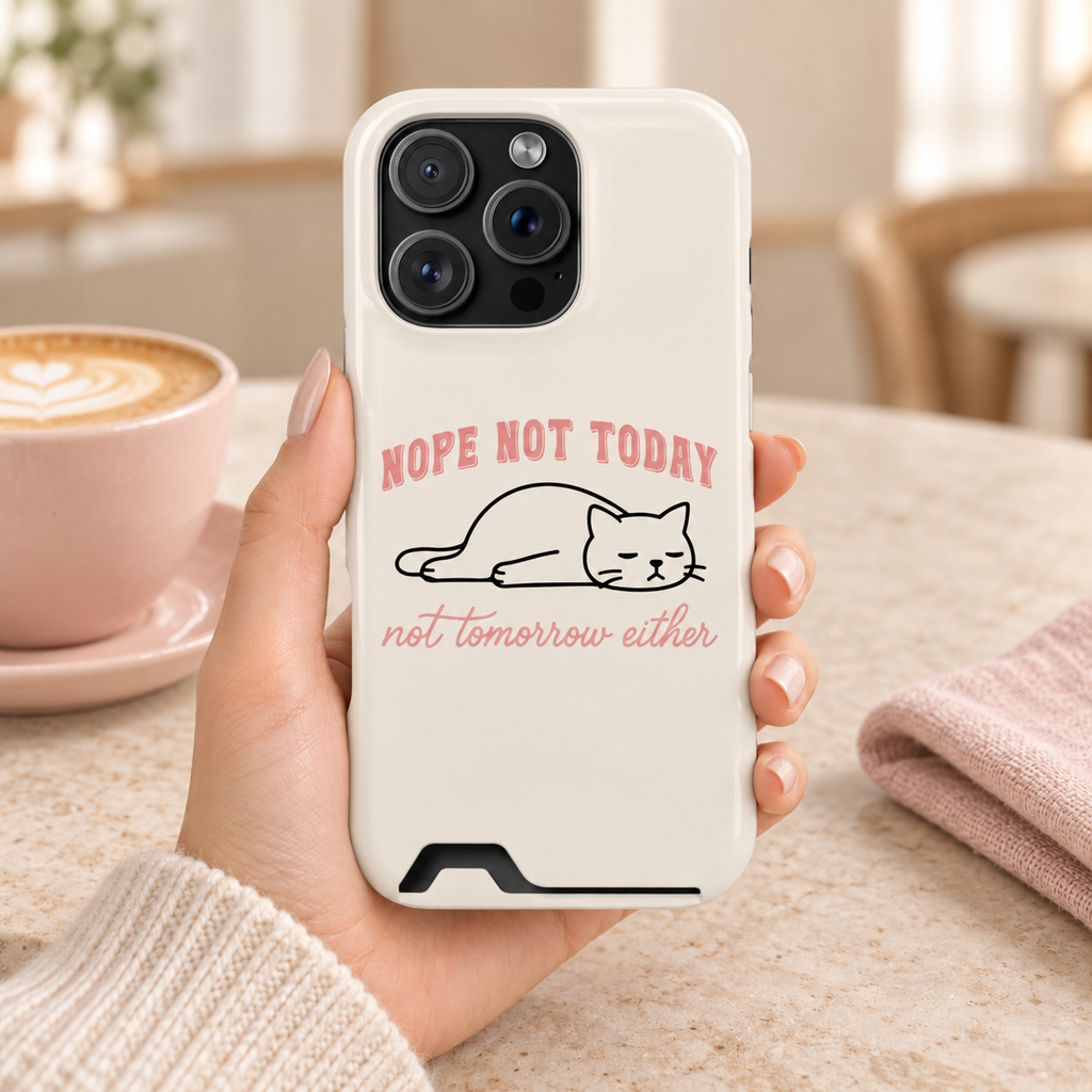 Nope Not Today phone case with card holder, a lazy cat with Nope Not Today lettering on cream, lifestyle photo in hand with coffee
