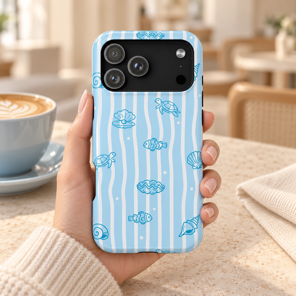 Ocean Doodle Stripe protective phone case, seashell and turtle doodles on wavy blue stripes, lifestyle photo in hand with coffee