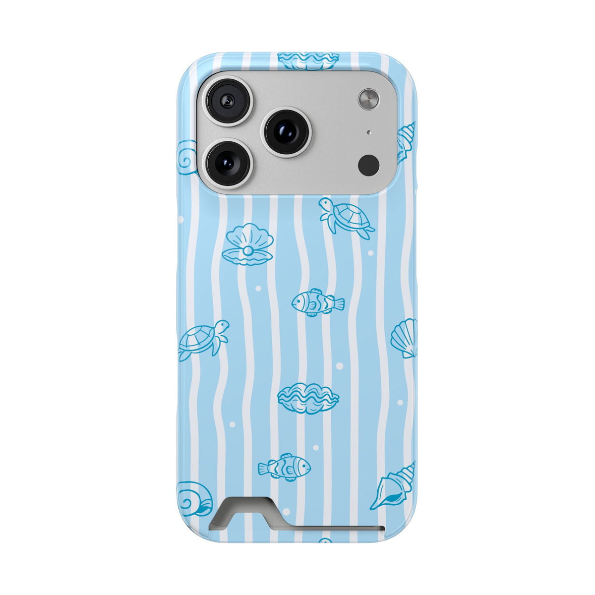 Ocean Doodle Stripe phone case with card holder for iPhone 17 Pro, glossy finish