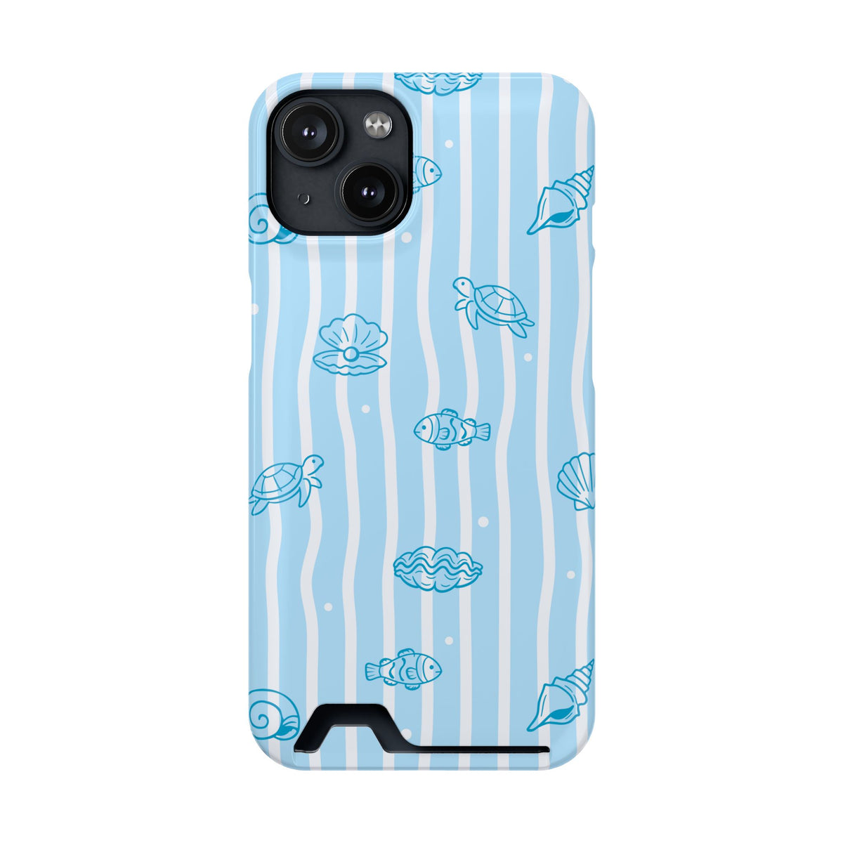 Ocean Doodle Stripe phone case with card holder for iPhone 14, glossy finish