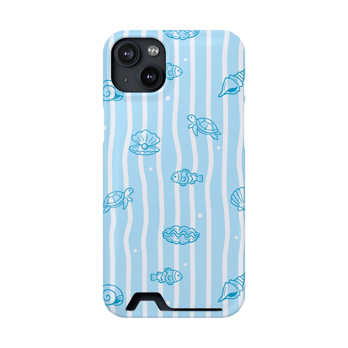 Ocean Doodle Stripe phone case with card holder for iPhone 14 Plus, glossy finish