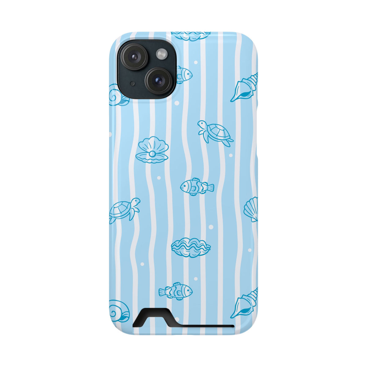 Ocean Doodle Stripe phone case with card holder for iPhone 15 Plus, glossy finish