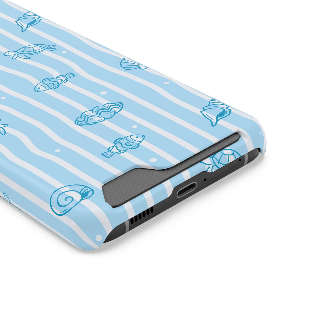 Ocean Doodle Stripe phone case with card holder, close-up of the card slot