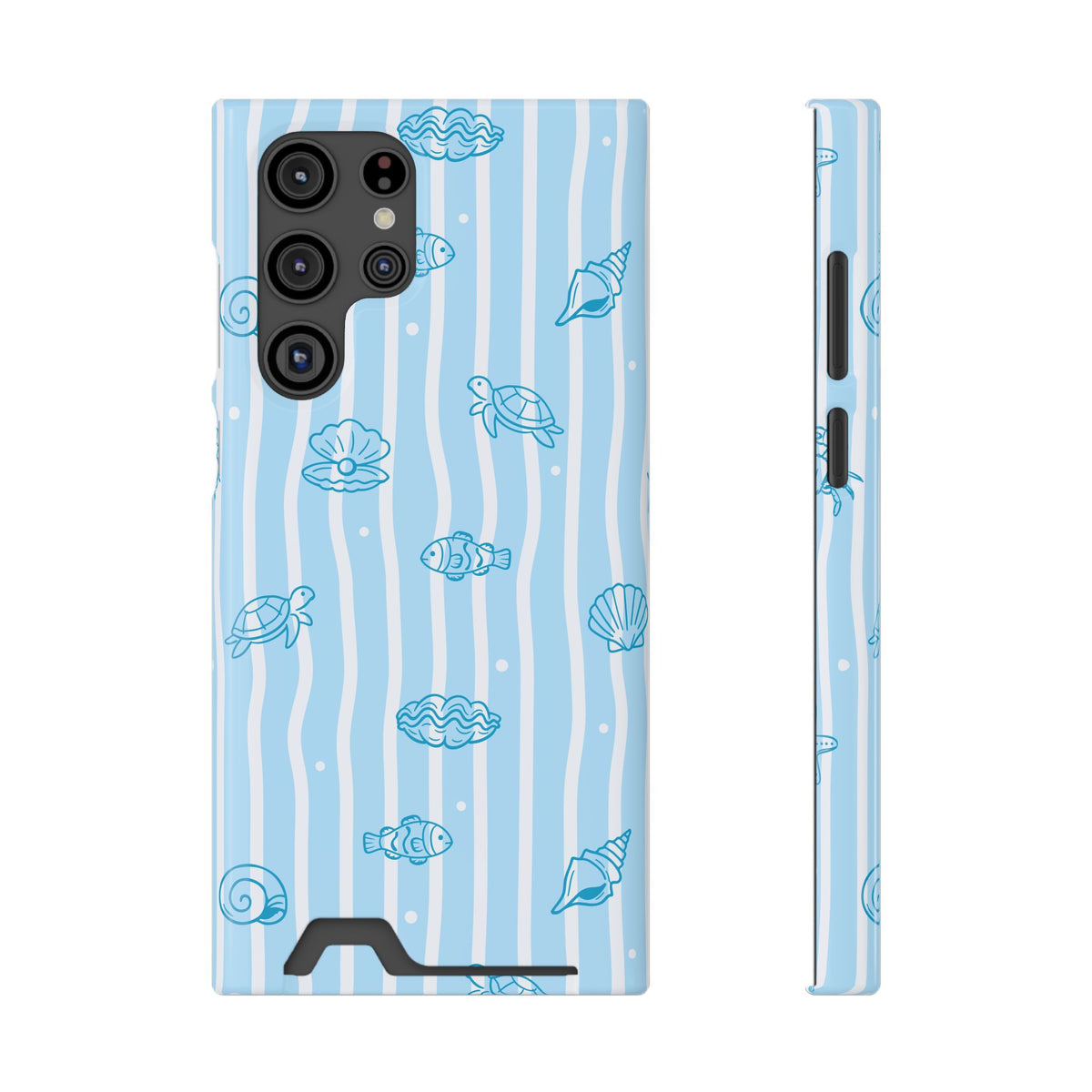 Ocean Doodle Stripe phone case with card holder for Samsung Galaxy S22 Ultra, glossy finish