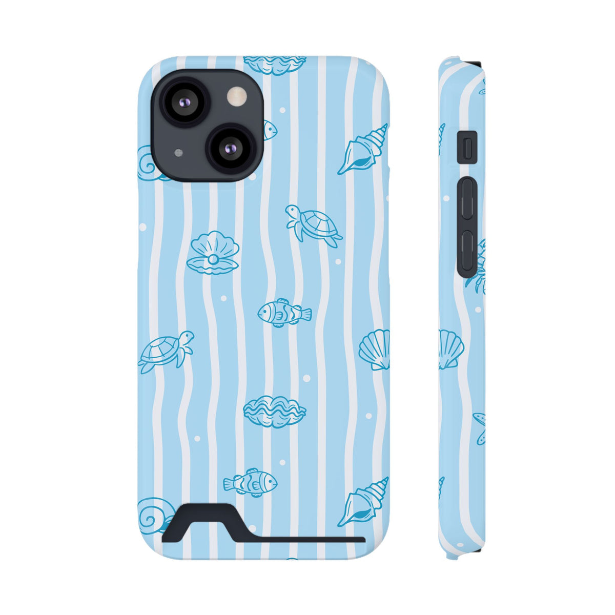 Ocean Doodle Stripe phone case with card holder for iPhone 13 Mini, glossy finish