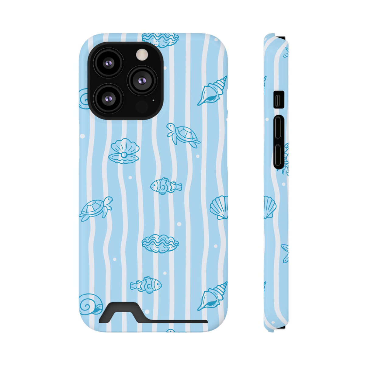 Ocean Doodle Stripe phone case with card holder for iPhone 13 Pro, glossy finish