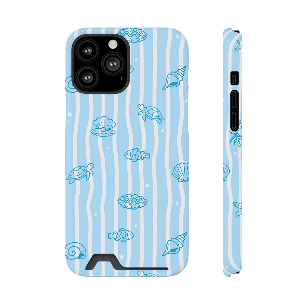 Ocean Doodle Stripe phone case with card holder for iPhone 13 Pro Max, glossy finish