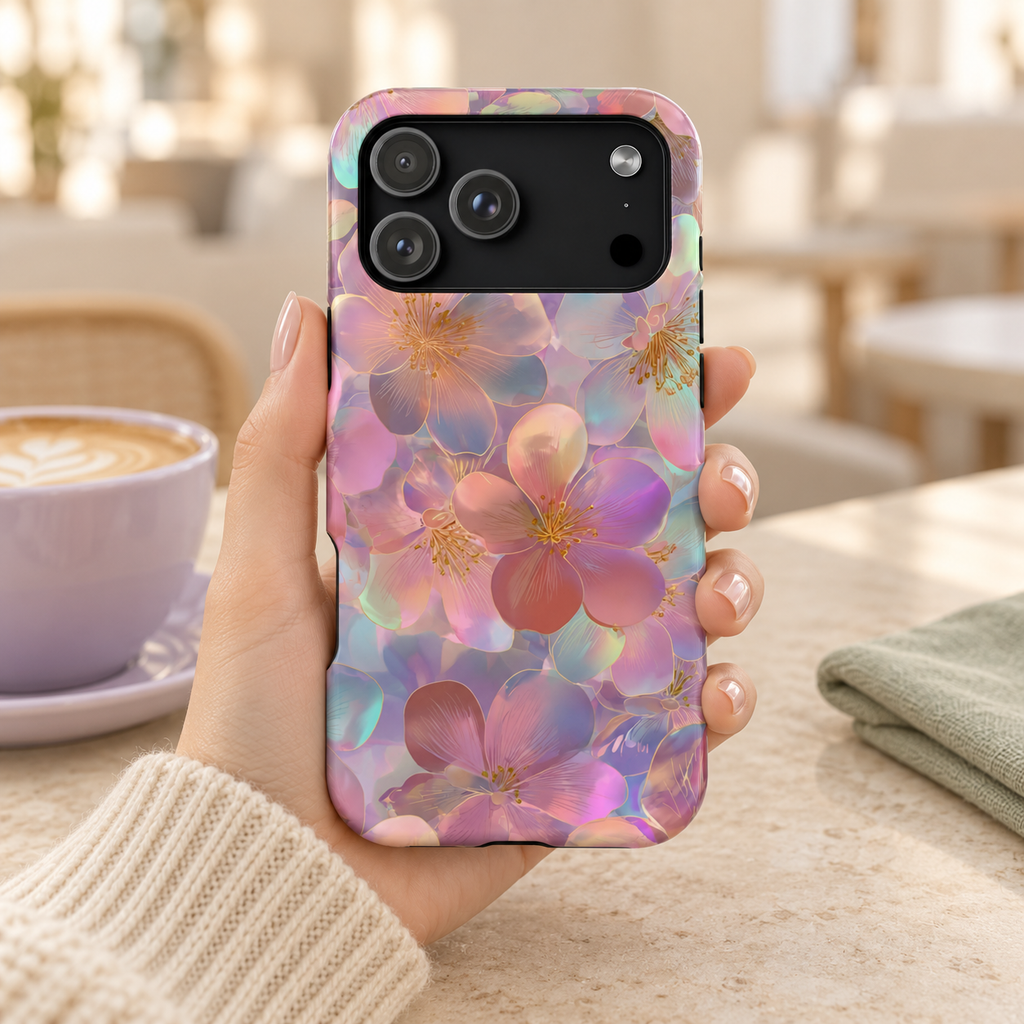 Opal Blossom protective phone case, iridescent pastel blossoms, lifestyle photo in hand with coffee