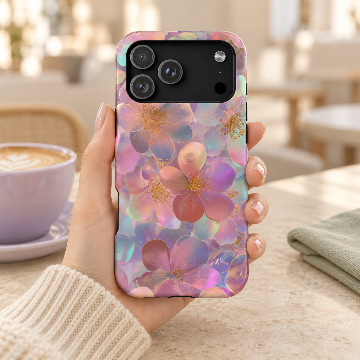 Opal Blossom protective phone case, iridescent pastel blossoms, lifestyle photo in hand with coffee