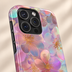 Opal Blossom protective phone case, iridescent pastel blossoms, lifestyle close-up of the camera