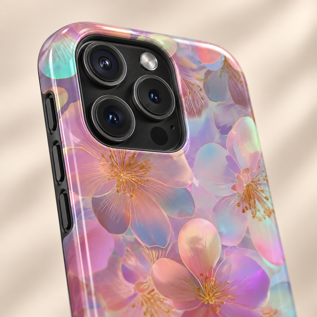 Opal Blossom protective phone case, iridescent pastel blossoms, lifestyle close-up of the camera