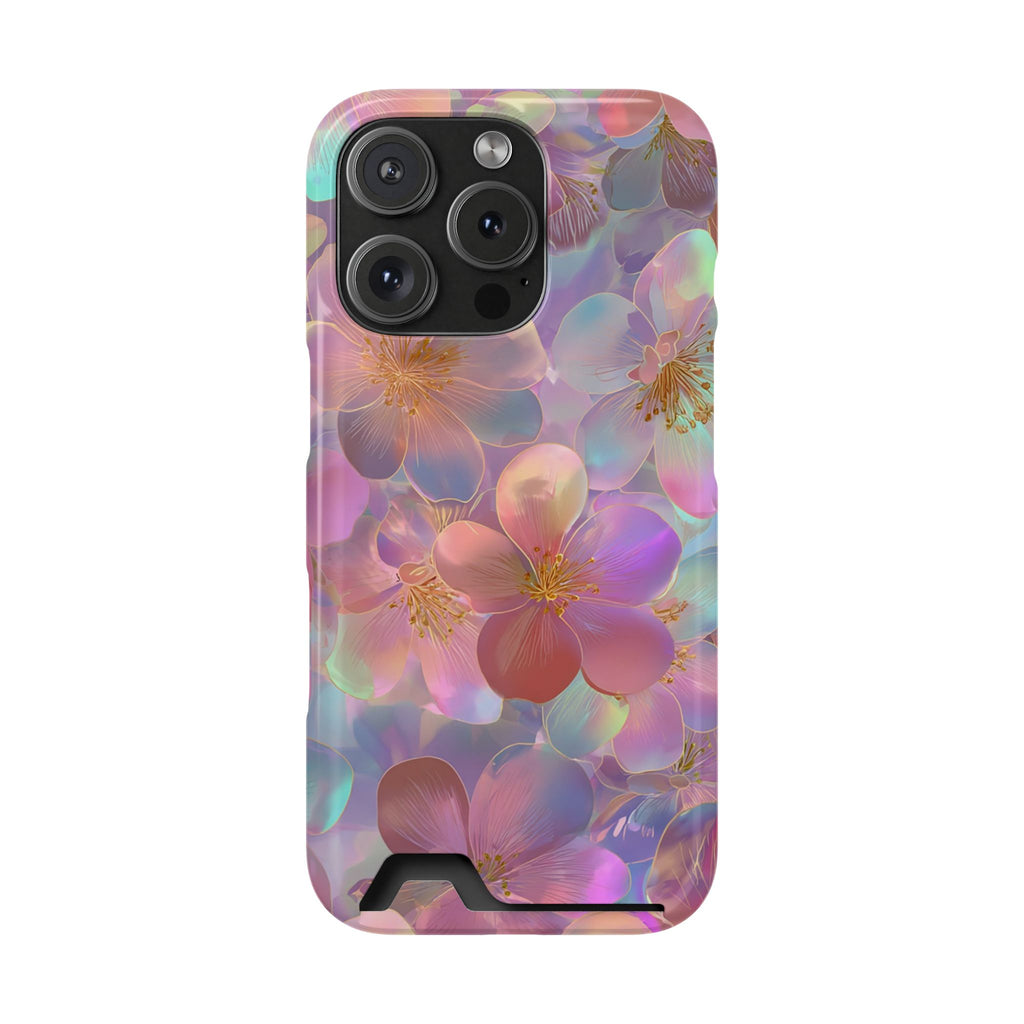 Opal Blossom phone case with card holder for iPhone 16 Pro, glossy finish