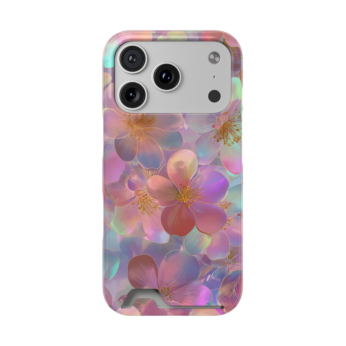 Opal Blossom phone case with card holder for iPhone 17 Pro, glossy finish