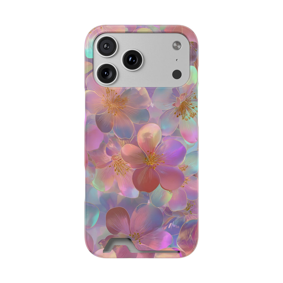 Opal Blossom phone case with card holder for iPhone 17 Pro Max, glossy finish