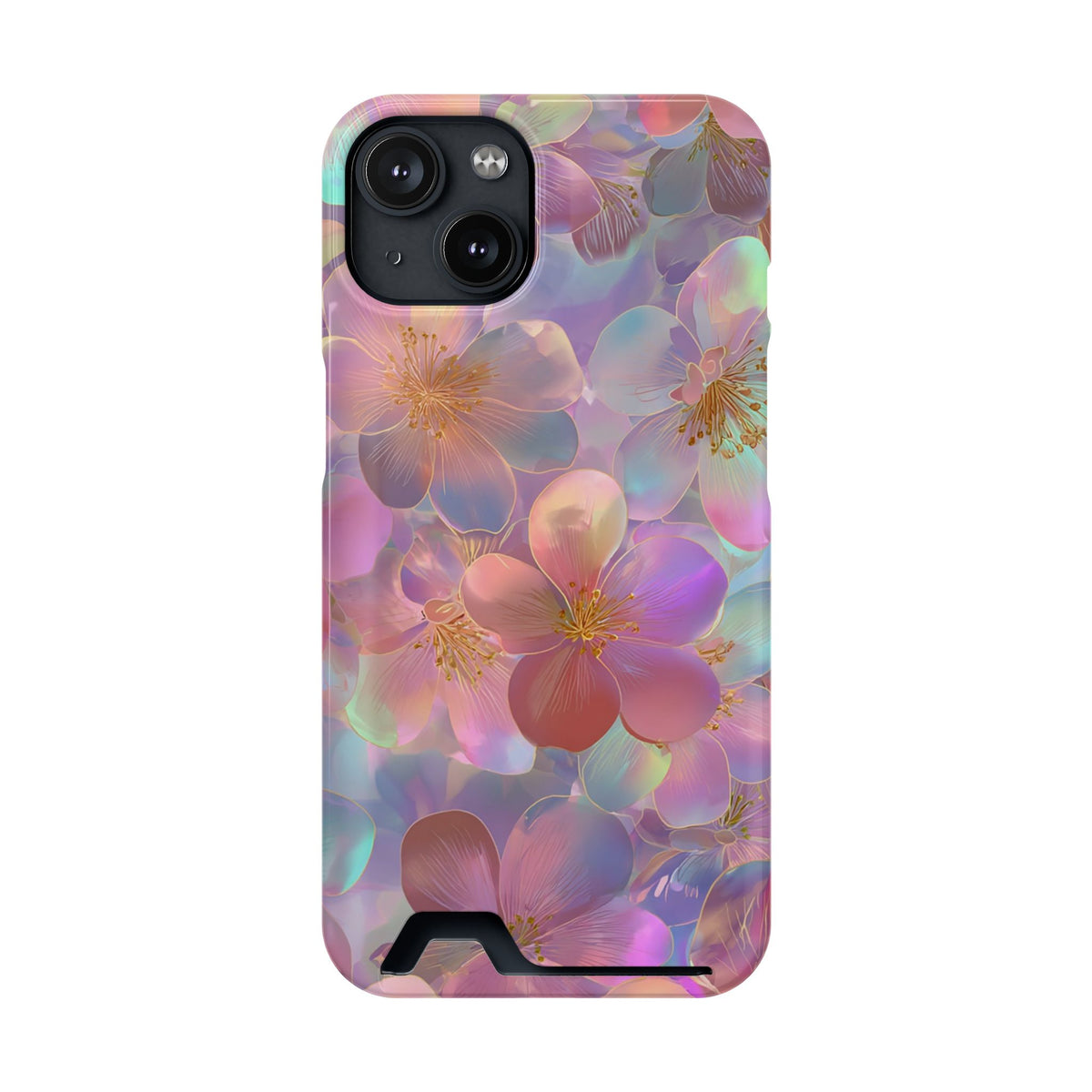 Opal Blossom phone case with card holder for iPhone 14, glossy finish