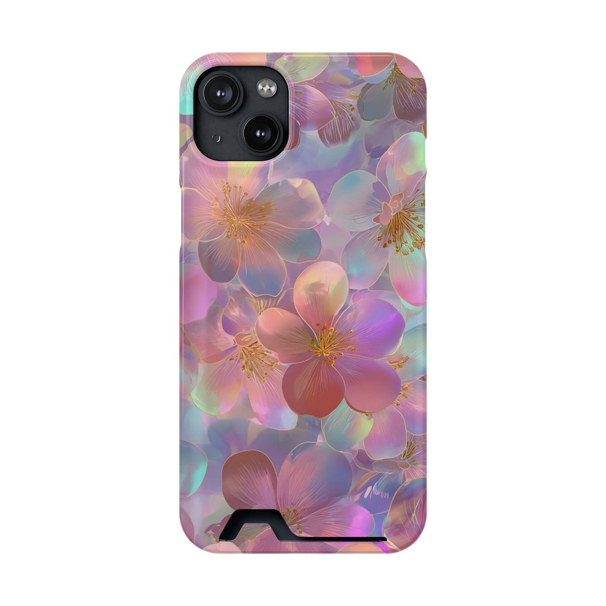 Opal Blossom phone case with card holder for iPhone 14 Plus, glossy finish