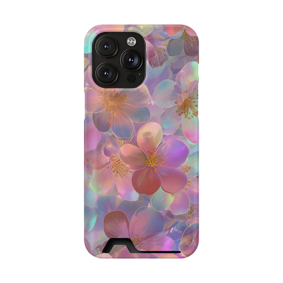 Opal Blossom phone case with card holder for iPhone 14 Pro Max, glossy finish